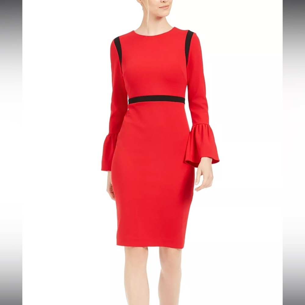CALVIN KLEIN Color-Blocked Bell-Sleeve Sheath Red Dress Size 10 AUTHENTIC NEW